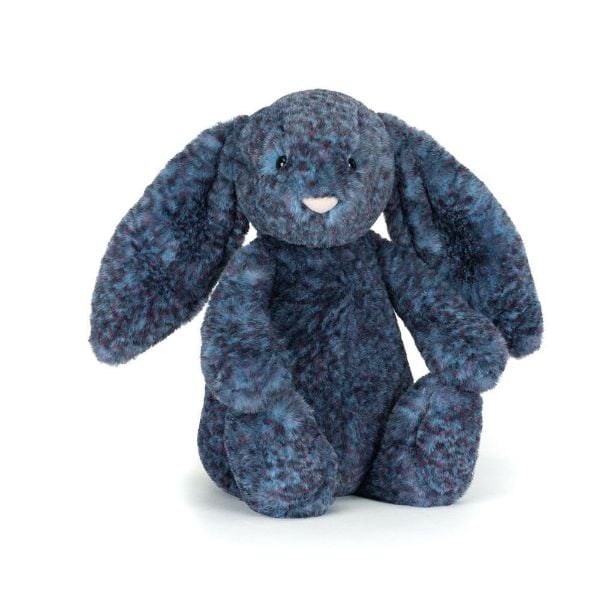 Blue plush bunny toy on a white background
