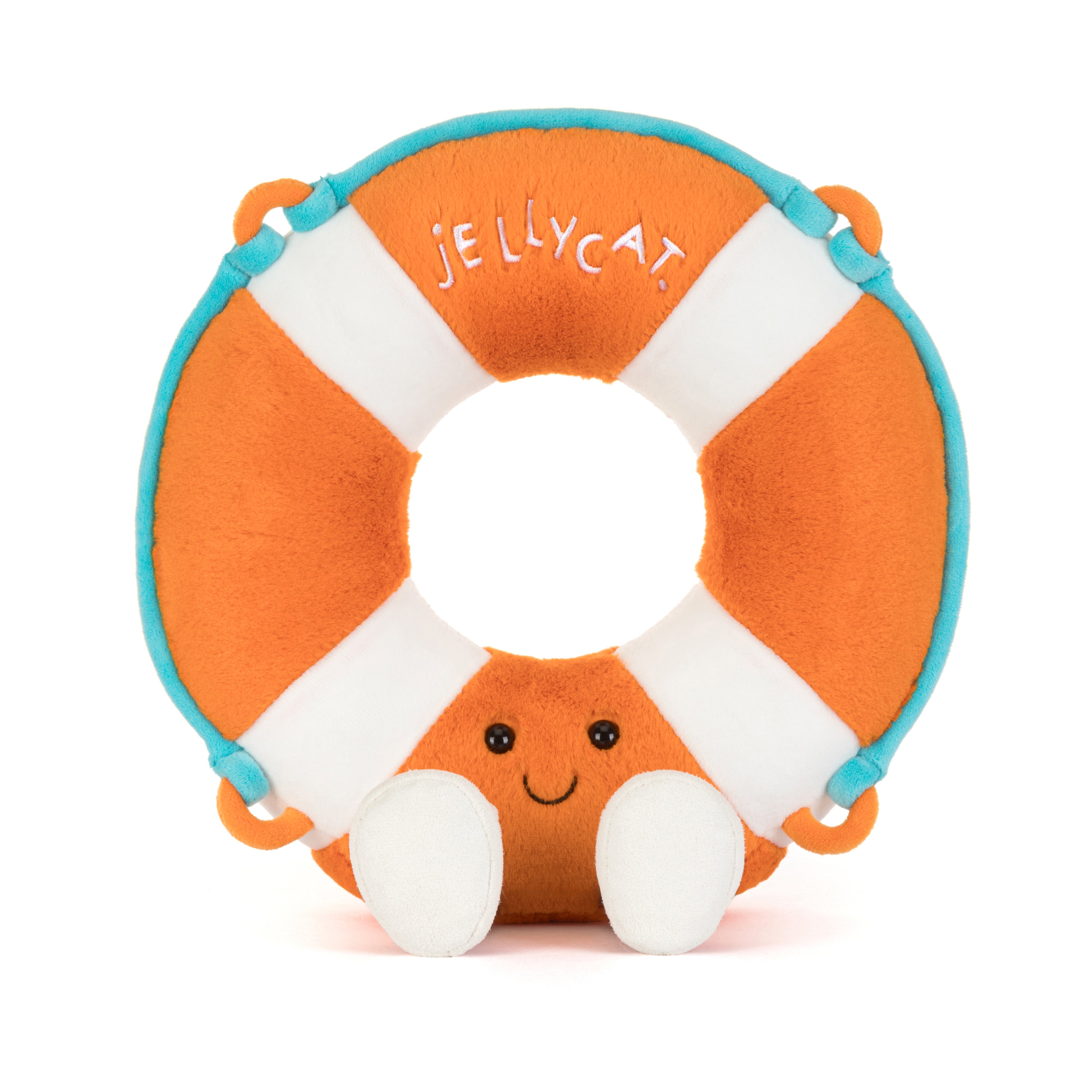 Plush toy life preserver with a smiling face on a white background, branded with &