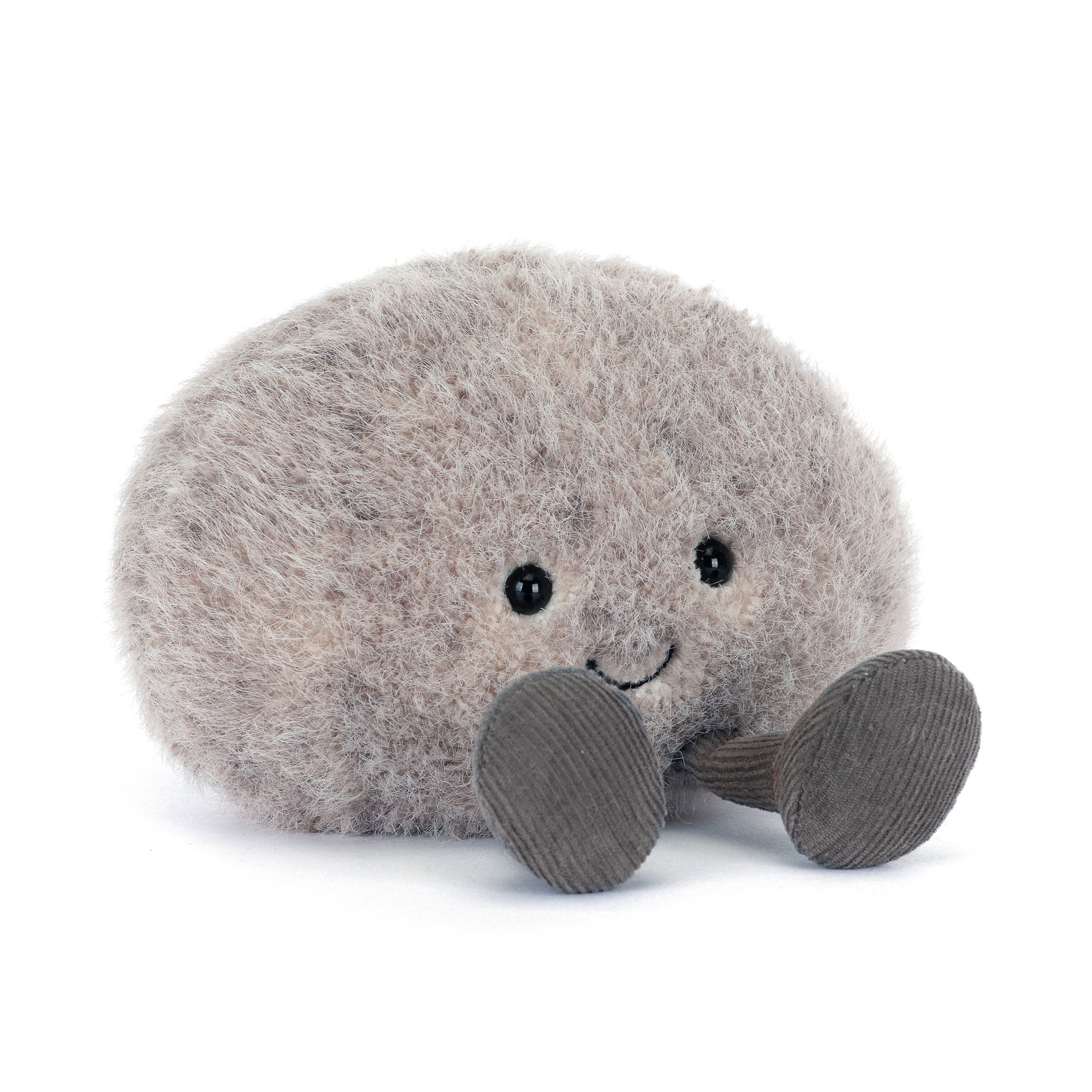 Plush toy resembling a round pebble or rock with a smiling face on a white background