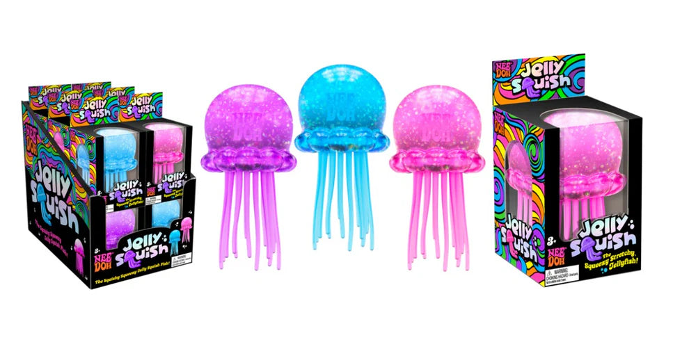Colorful jellyfish toys with packaging on a white background