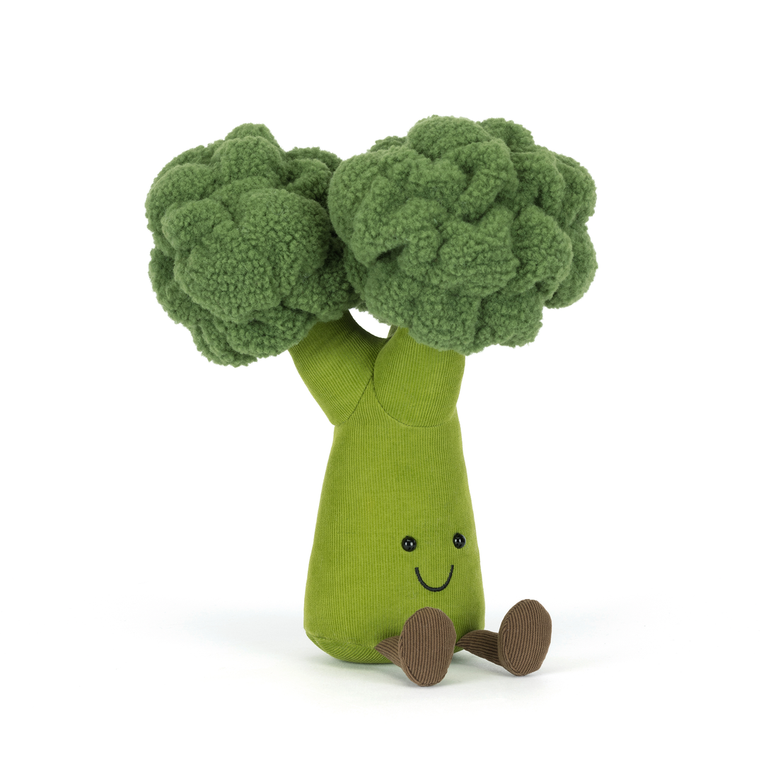 Plush toy shaped like broccoli with a smiling face on a white background