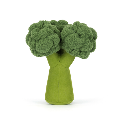 Green plush toy shaped like broccoli on a white background