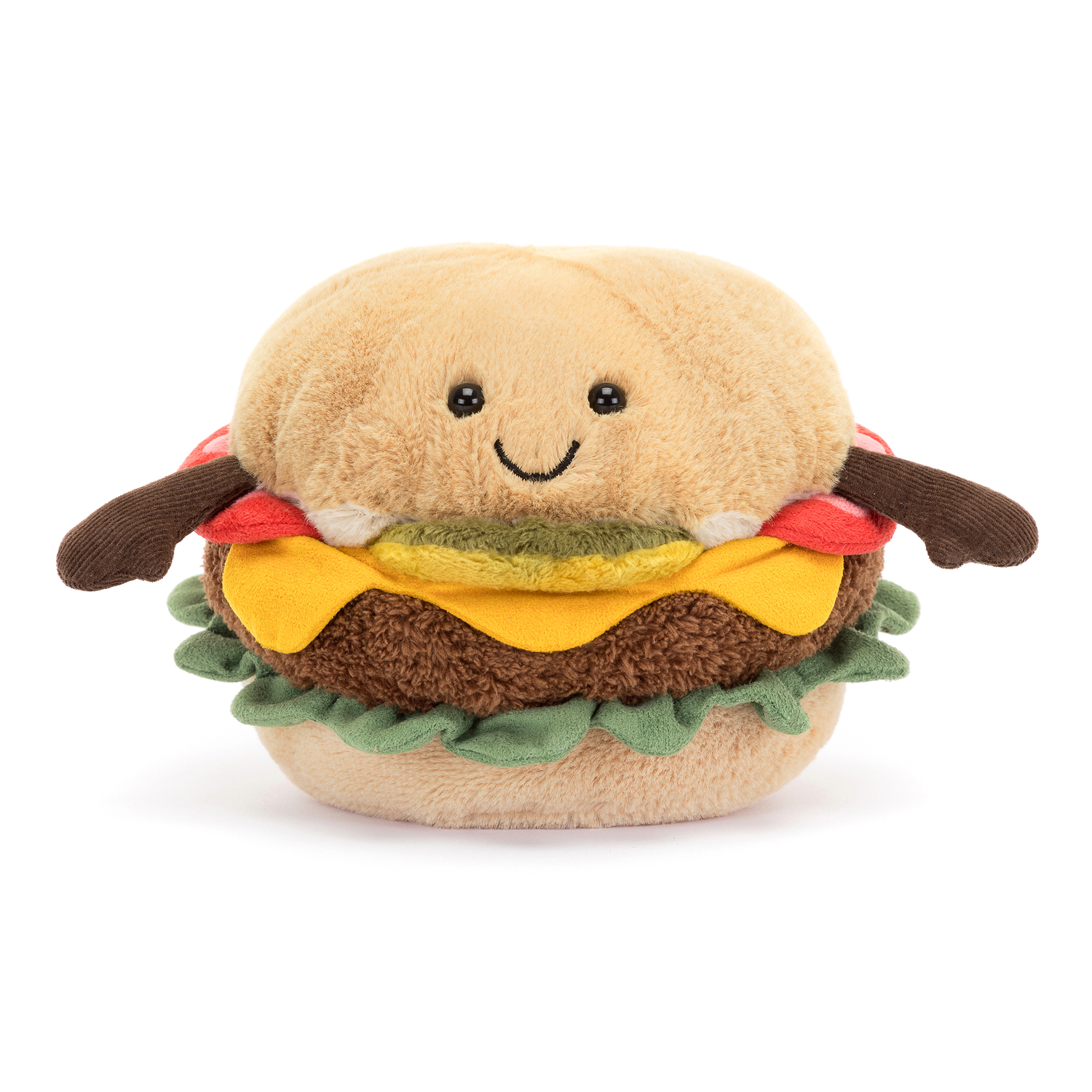 Plush toy hamburger with a smiley face on a white background