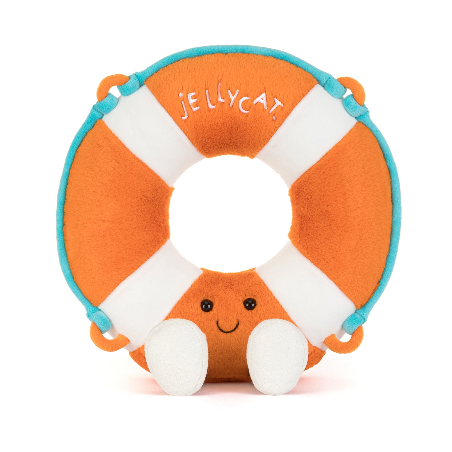 Plush toy life preserver with a smiling face on a white background, branded with &