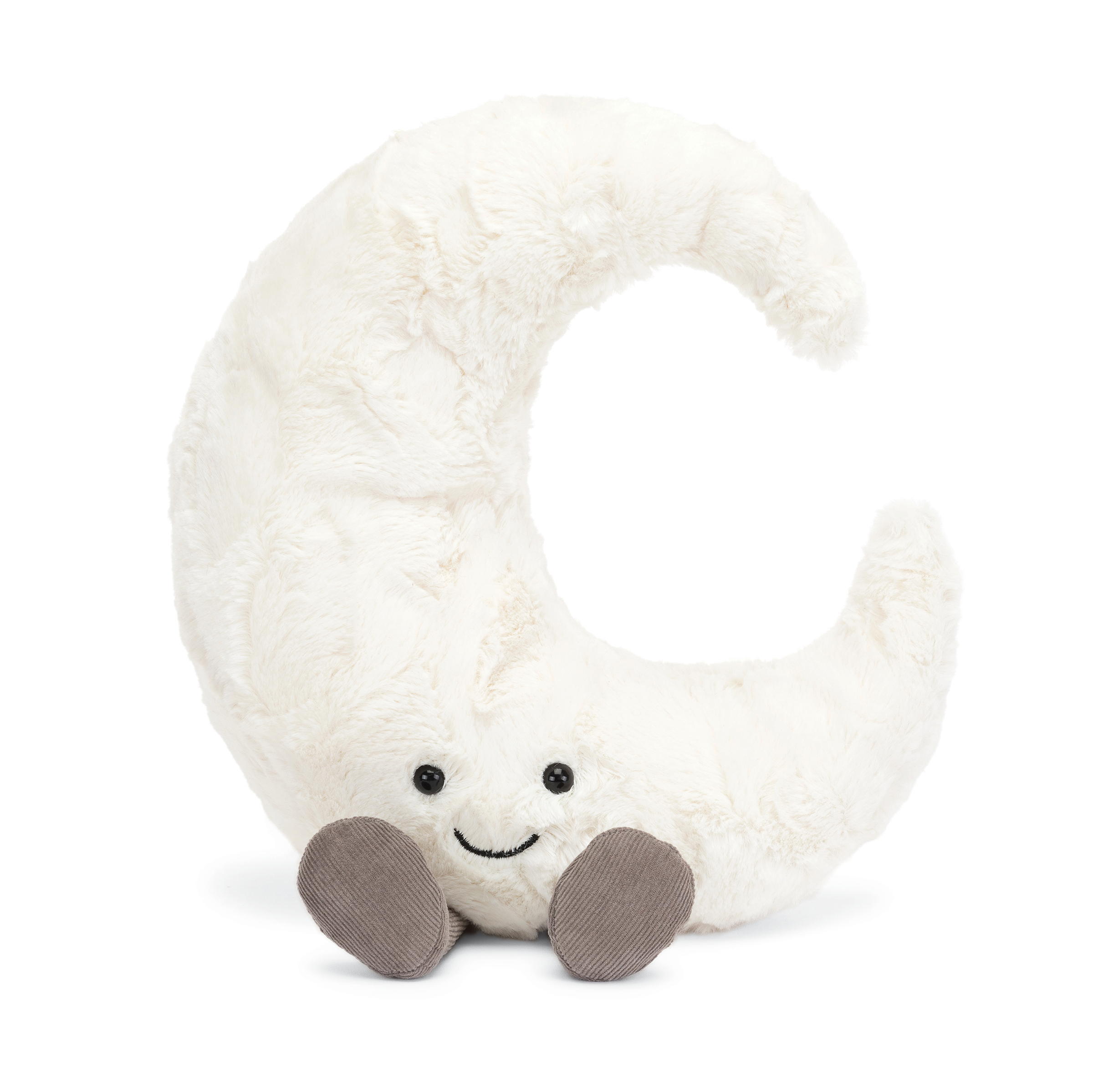 White plush toy shaped like a crescent moon with a smiling face on a white background