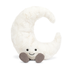 White plush toy shaped like a crescent moon with a smiling face on a white background