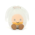 Round plush egg with a smiling face  wearing a bridal veil on a white background