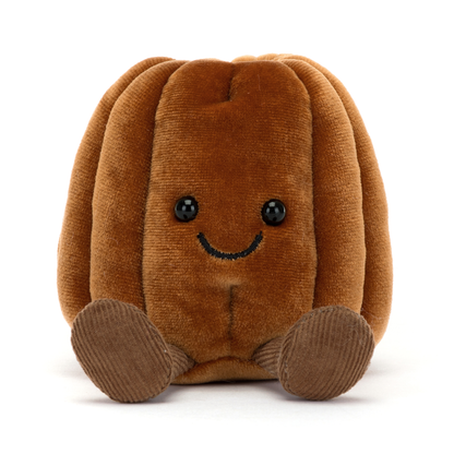 Brown plush toy with a smiley face on a white background