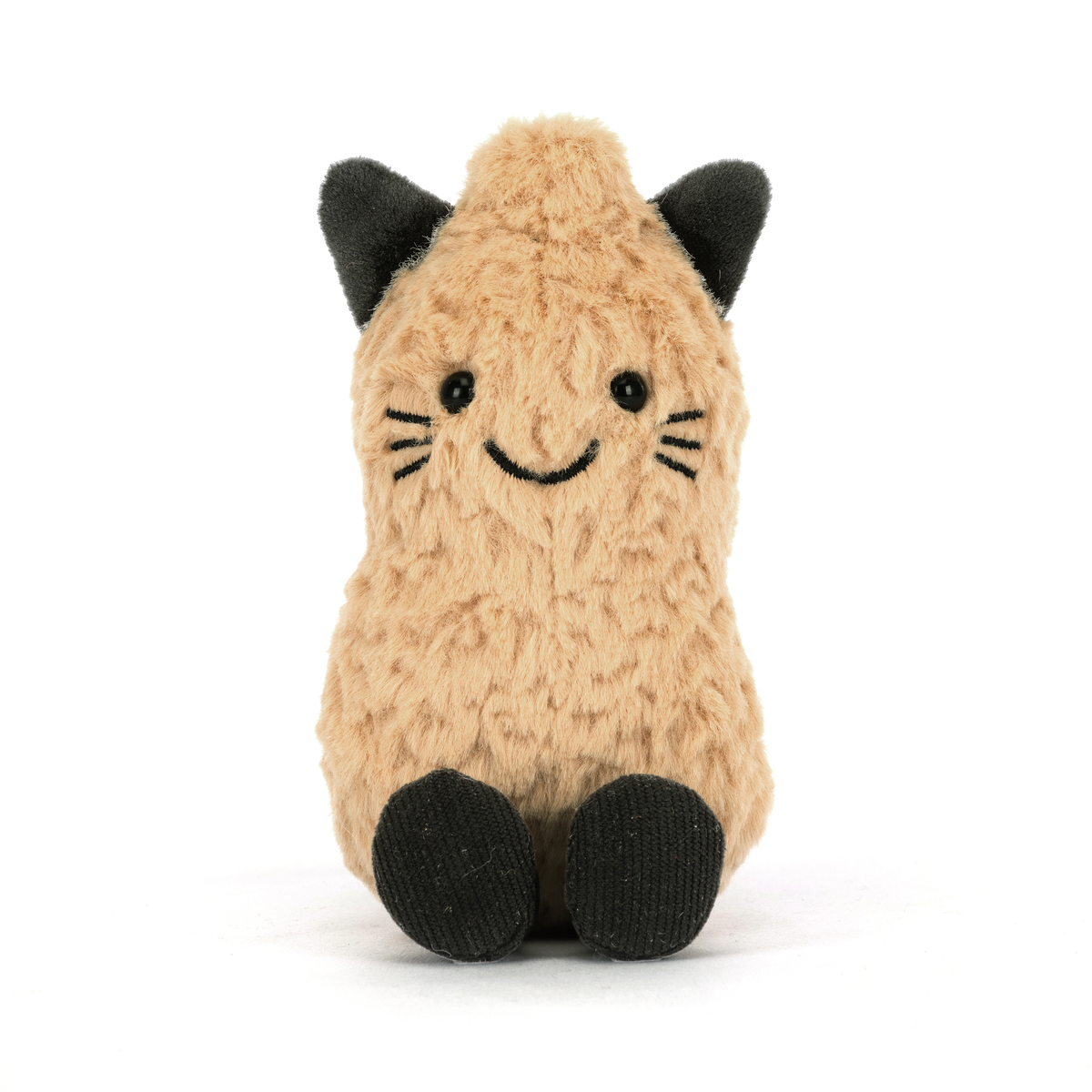 A plush cat toy in a warm beige/tan color with black ears, black paws, and a black embroidered smiley face, sitting against a plain white background.