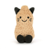 A plush cat toy in a warm beige/tan color with black ears, black paws, and a black embroidered smiley face, sitting against a plain white background.