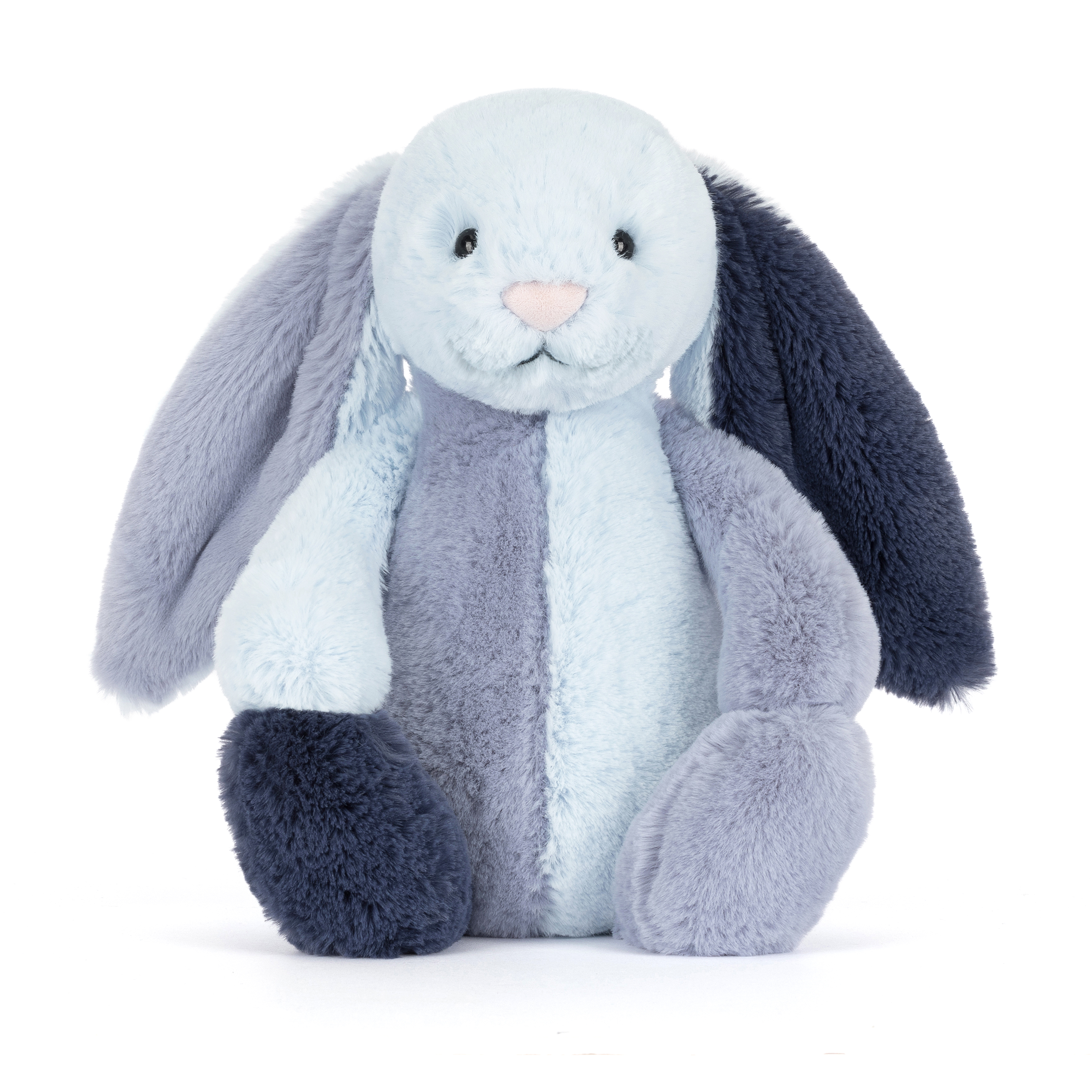 Plush toy rabbit with gray and blue color scheme on a white background