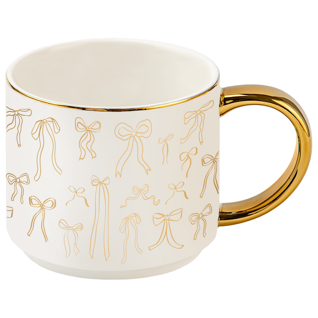 White mug with gold handles and decorative bows on a white background
