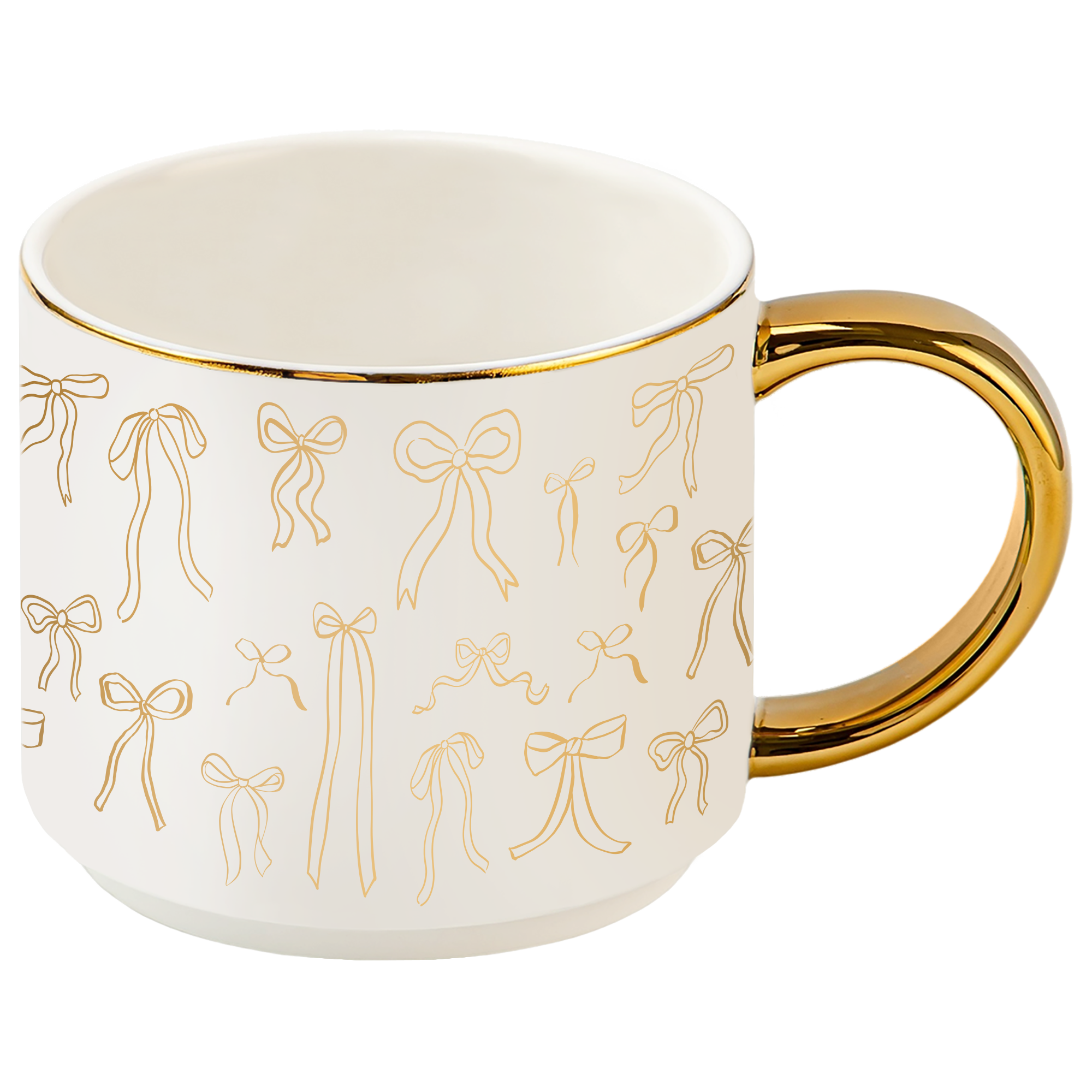 White mug with gold handles and decorative bows on a white background
