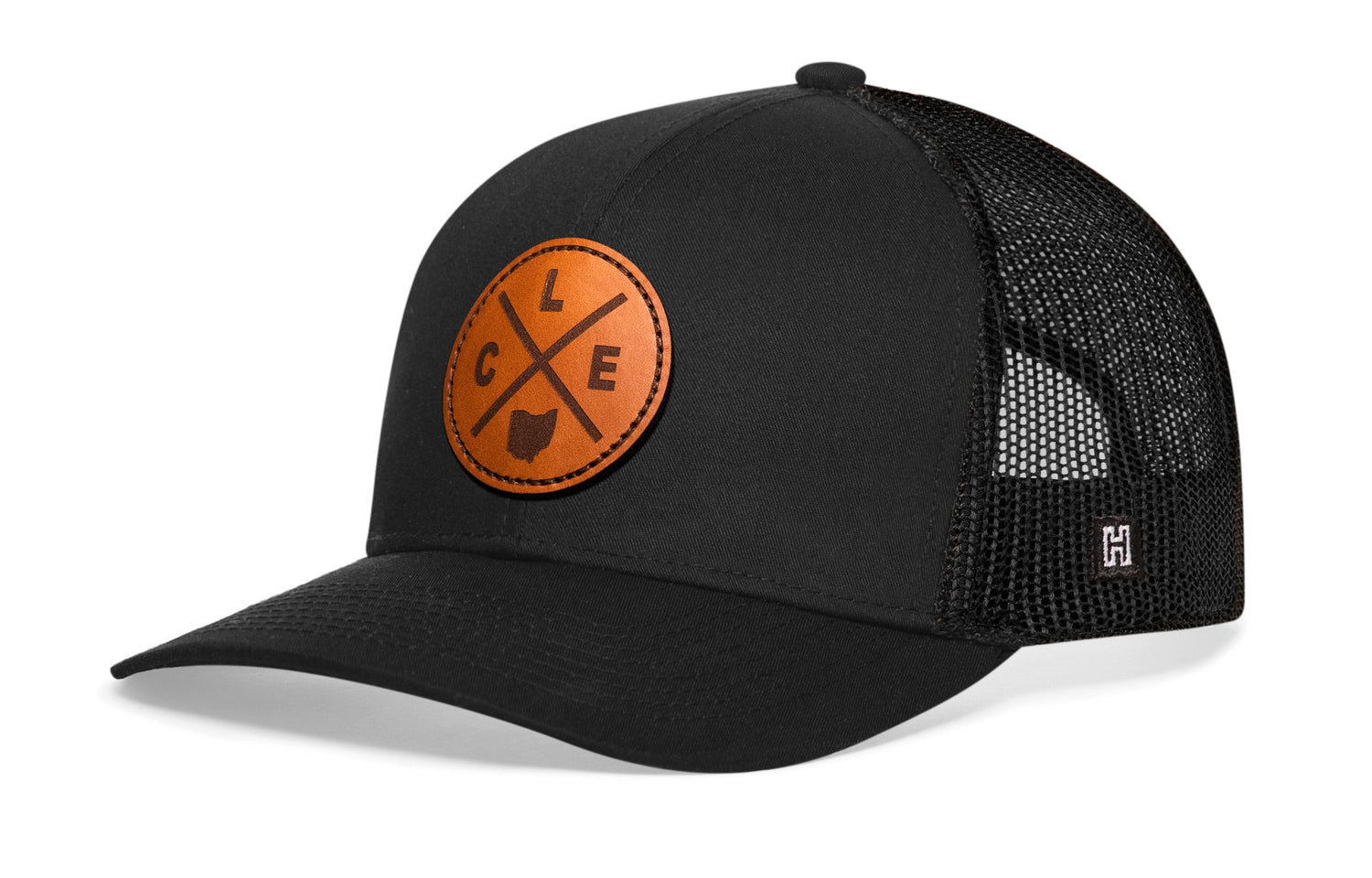 Cleveland Trucker Hat Leather  |  Black CLE X Snapback