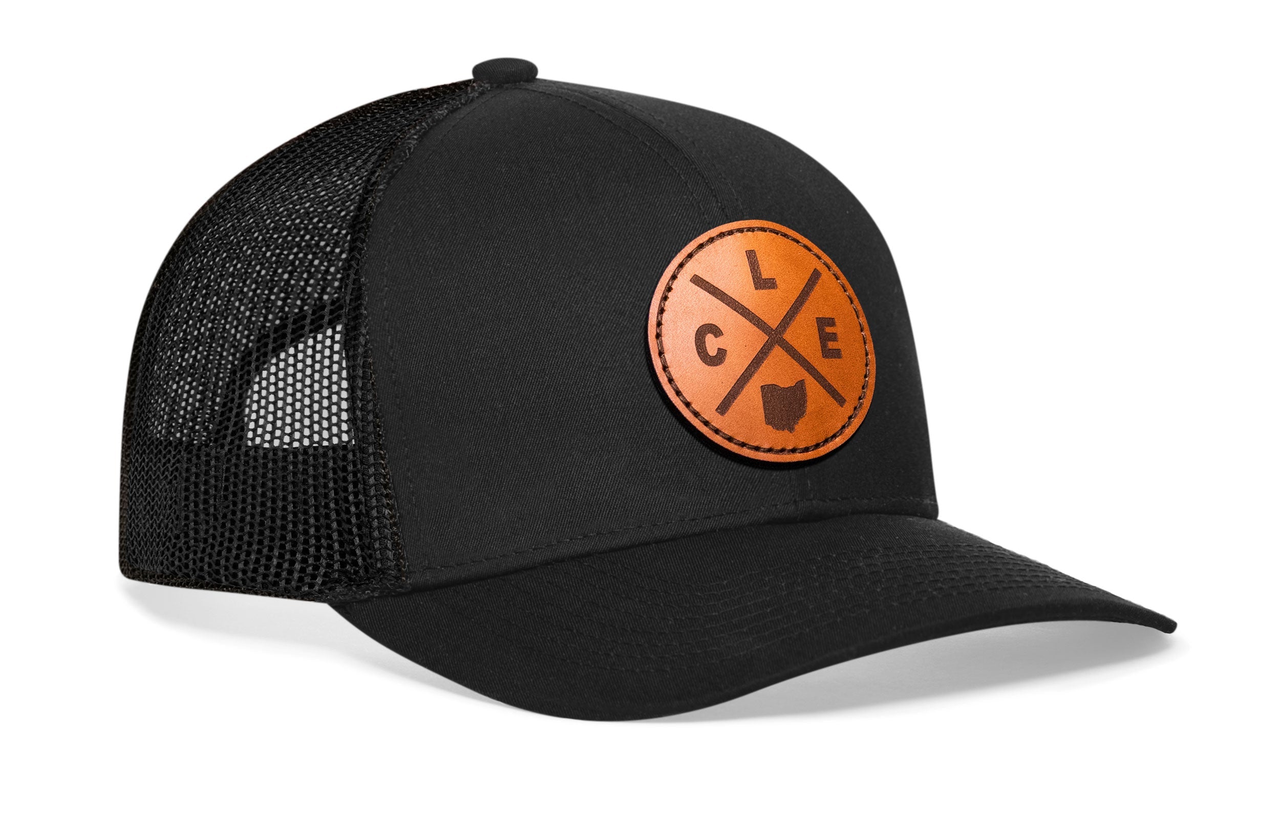 Cleveland Trucker Hat Leather  |  Black CLE X Snapback