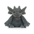 A gray plush dragon toy with large pointed ears, small horns, and a stitched smiling face, photographed against a clean white background.
