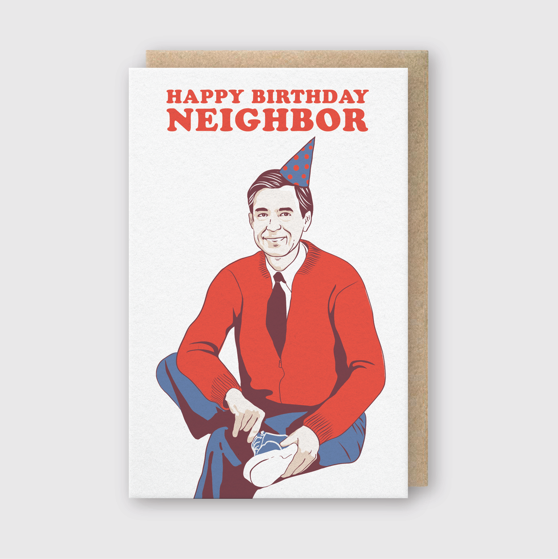 Birthday card for a neighbor with a person in a red sweater and party hat on a white background.