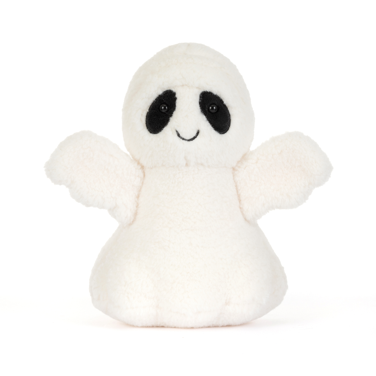 A small white plush ghost toy with black embroidered eyes and a simple stitched smile, centered on a clean white background.