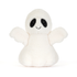 A small white plush ghost toy with black embroidered eyes and a simple stitched smile, centered on a clean white background.