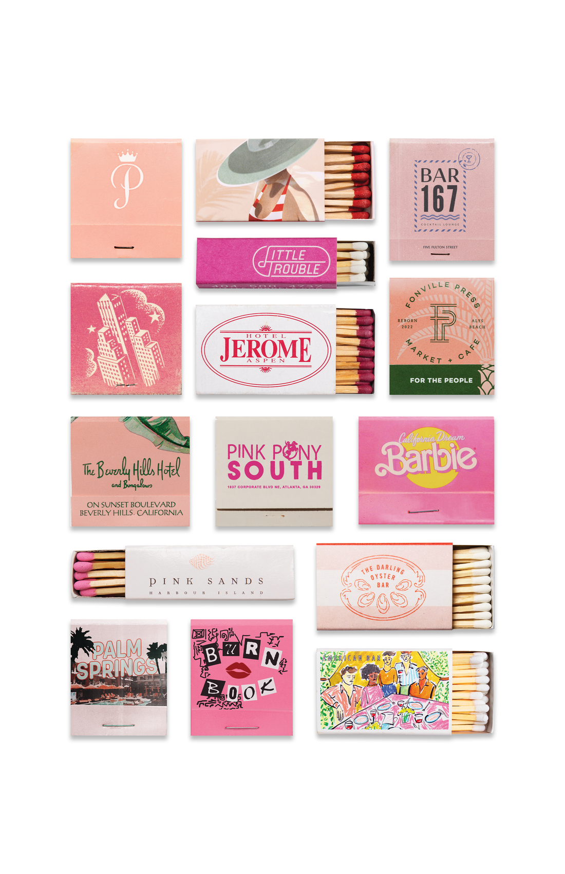 Collection of matchboxes with various designs and text on a white background