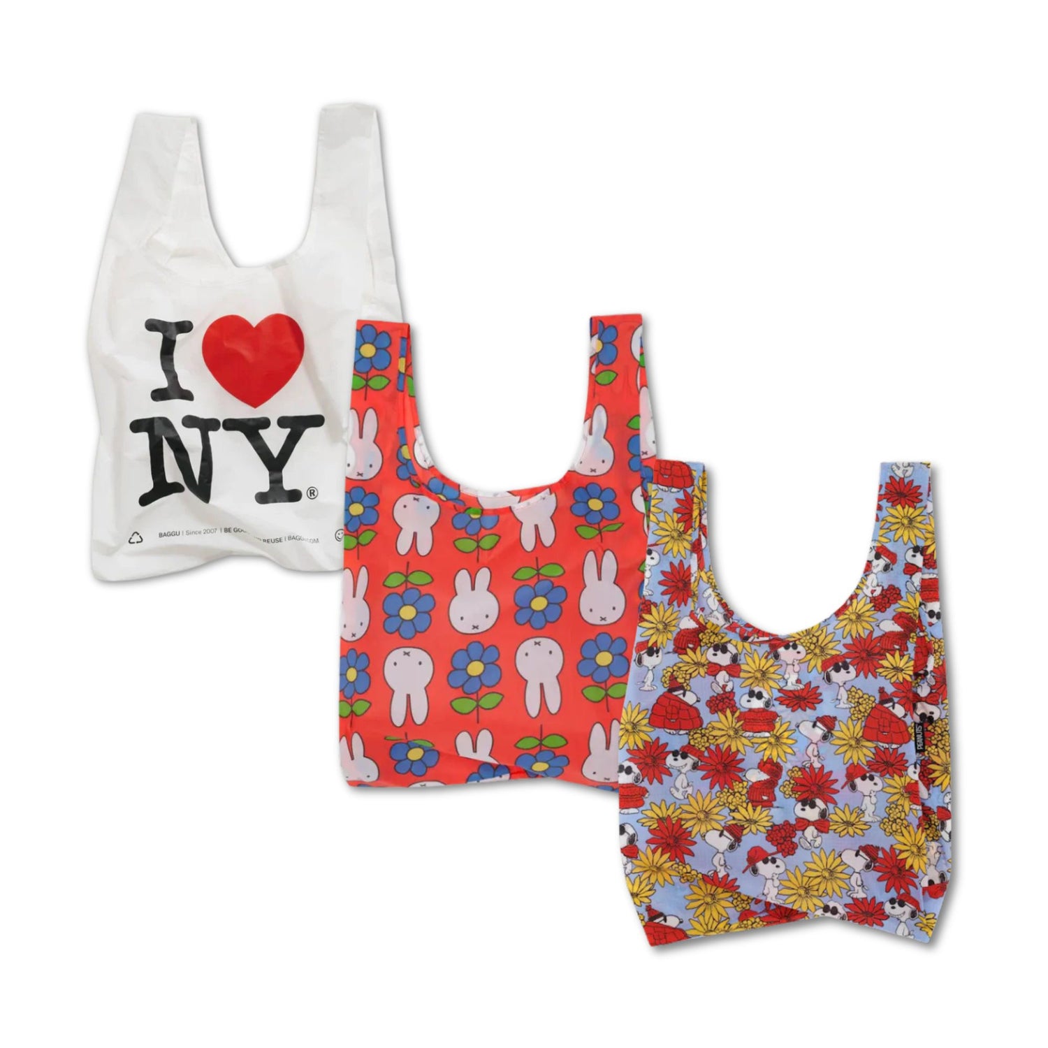 Three reusable shopping bags with different designs on a white background