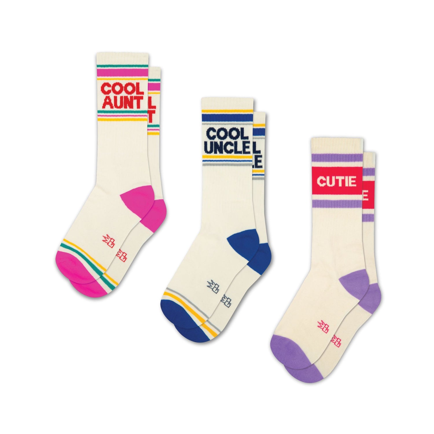 Three pairs of socks with colorful text and patterns on a white background