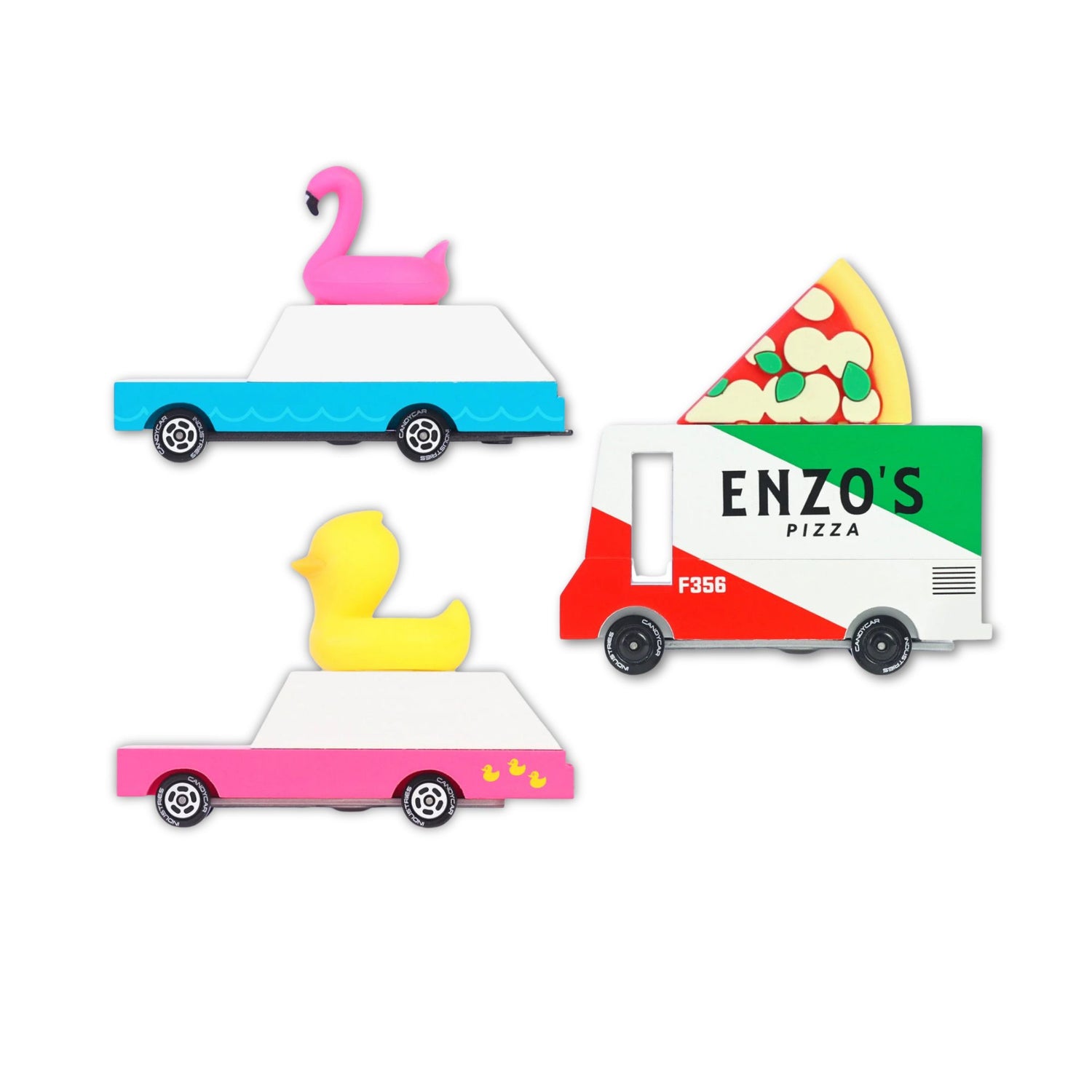 Three toy vehicles with different designs on a white background