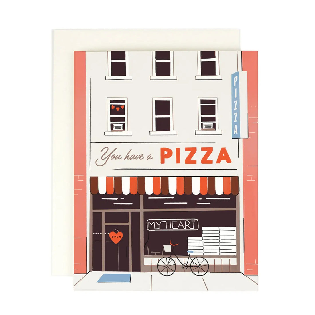Greeting card wtih Illustration of a pizza shop with a sign &