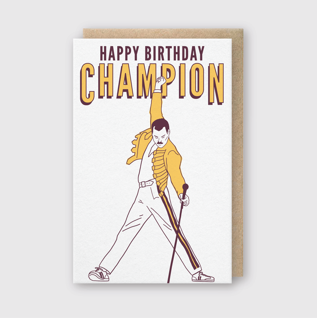 Birthday card with Freddie Mercury illustration and &
