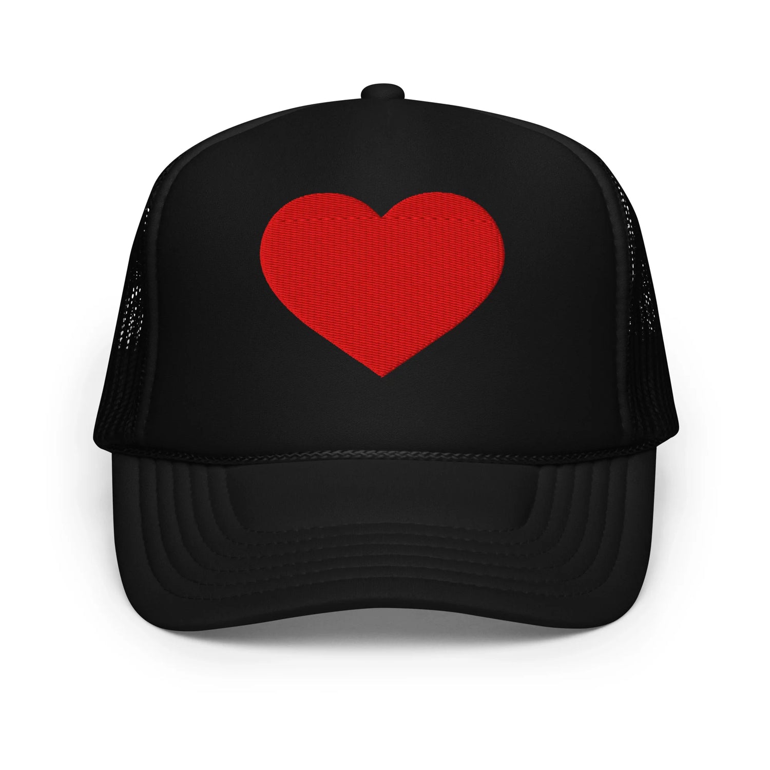 Black cap with a red heart on a white background
