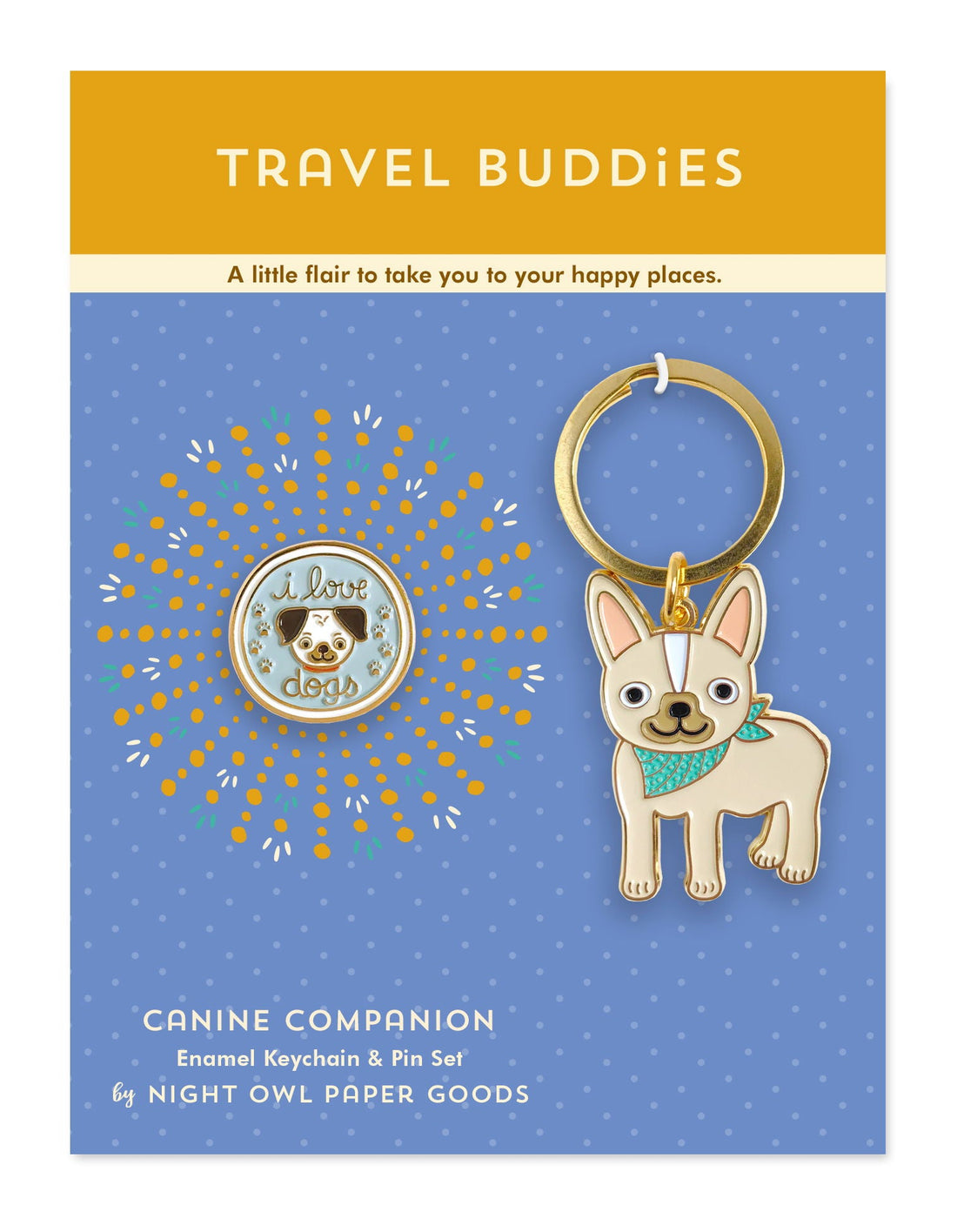 Set of enamel keychain and pin with dog design on a blue background, labeled &
