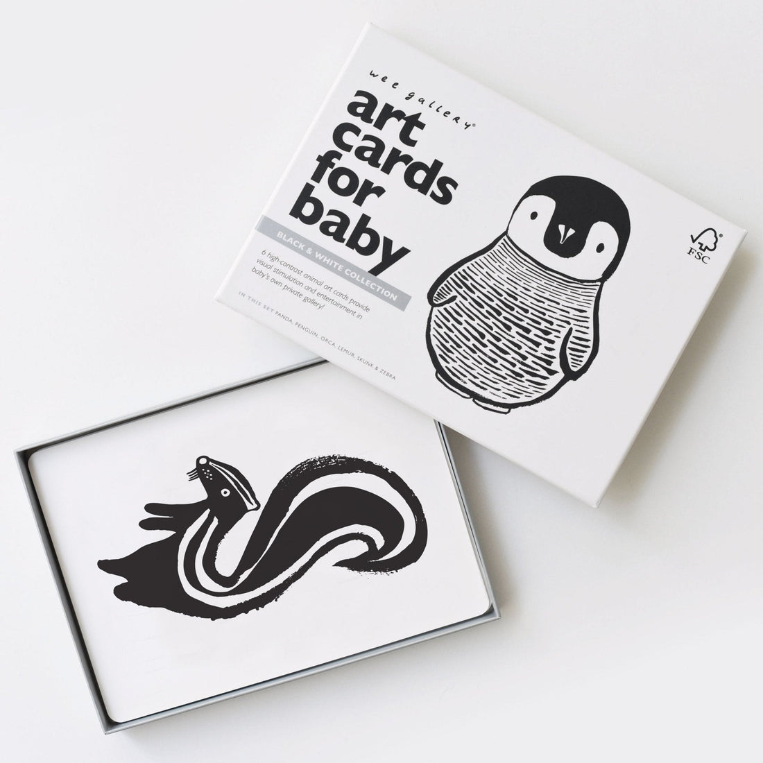 Box of art cards for baby with black animal illustrations on a white background