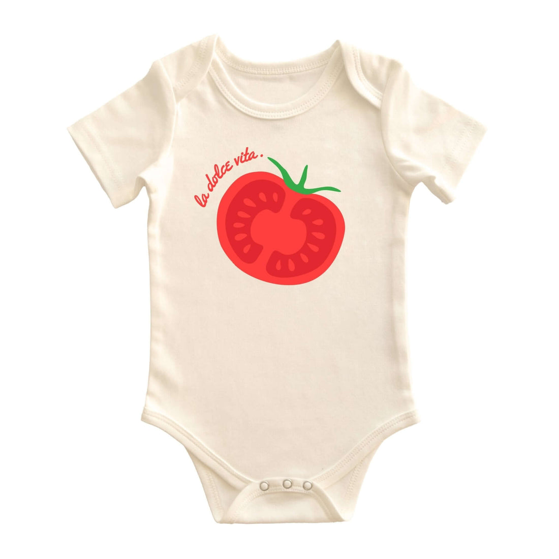 Baby onesie with tomato graphic and text on a white background