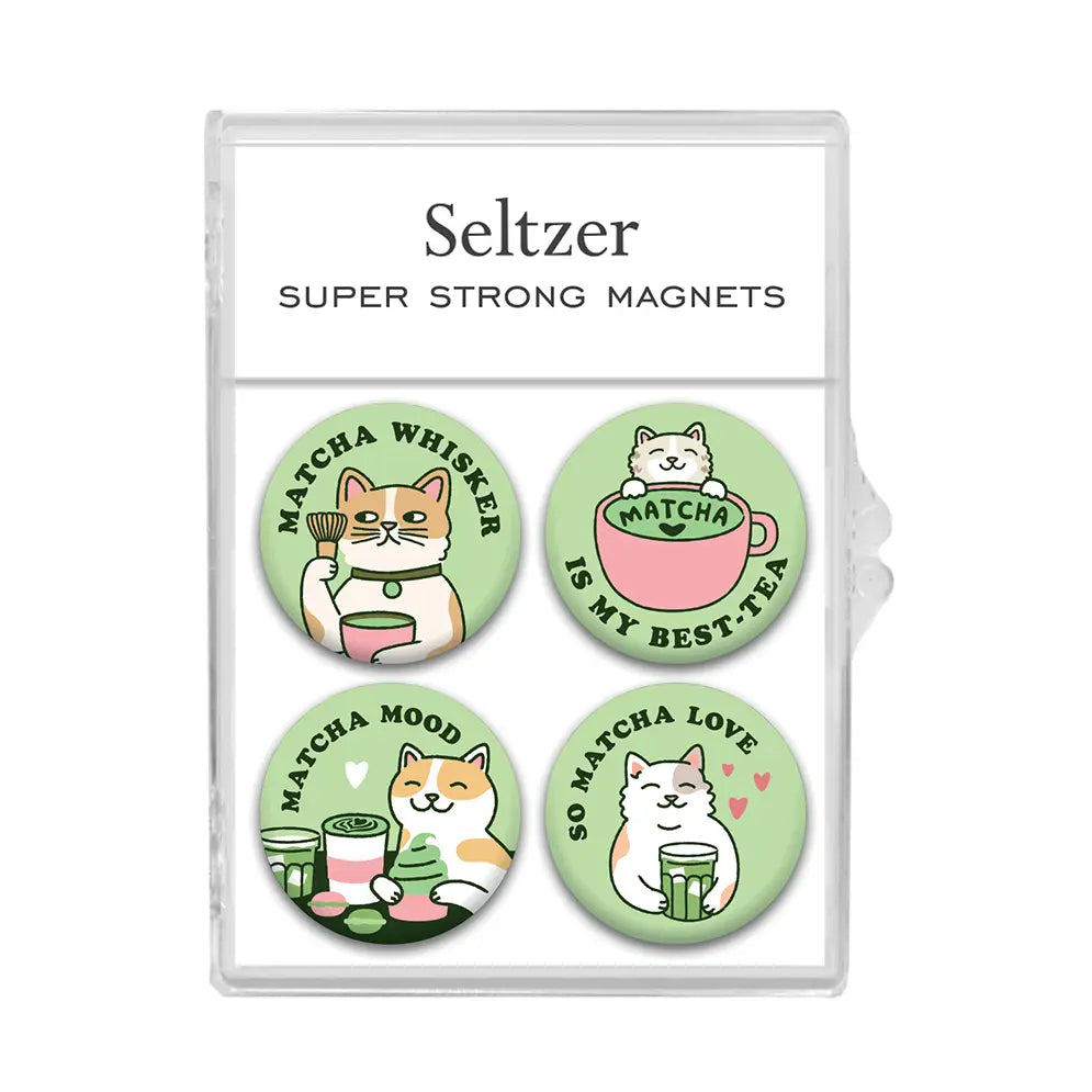 Set of four cat-themed matcha magnets in a Seltzer packaging on a white background