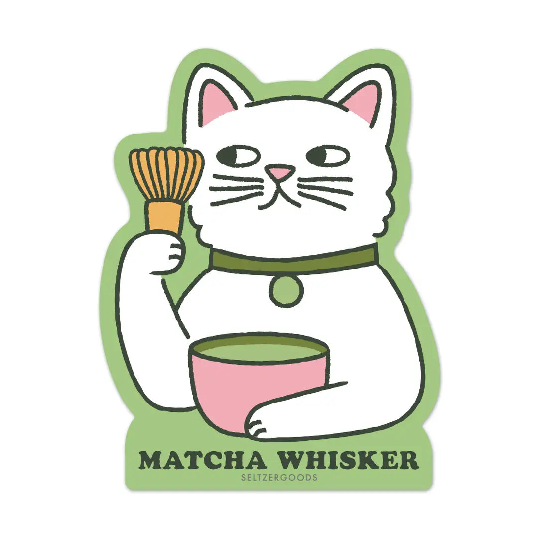 Sticker of a cat holding a matcha whisk and bowl with &