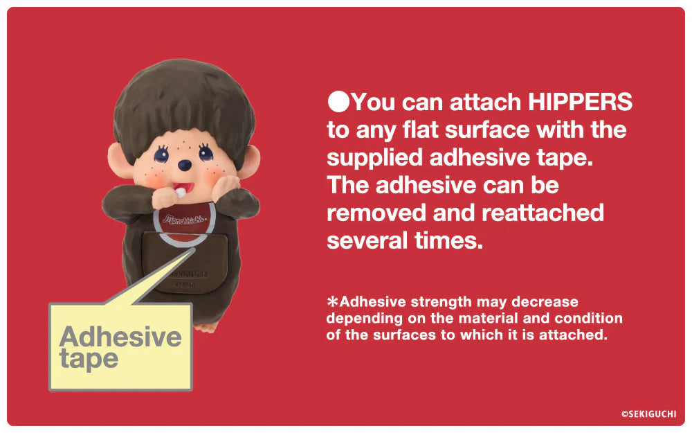 Character holding adhesive tape with text on a red background