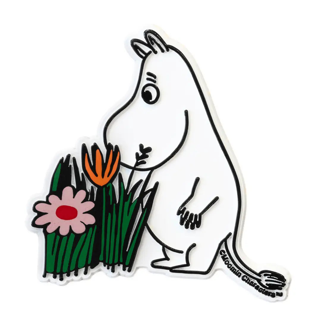 Cartoon character interacting with flowers on a white background